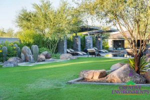Custom landscaped backyard with metal pergolas, grass, and desert plants