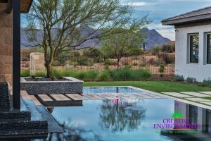 Backyard custom landscape with zero edge pool with floating steps to floating patio