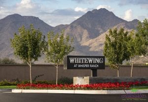 Custom outdoor commercial landscape in Arizona Whitewing entrance with large metal sign and planted red flowers