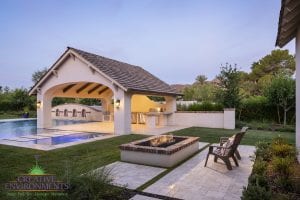 Custom outdoor landscape backyard fireplace with seating near grass area and swimming pool by a large covered patio