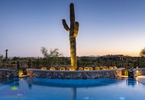 Custom outdoor landscape backyard swimming pool with stone edge and water feature near cactus