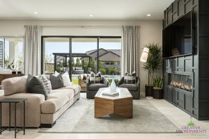 Creative Environments design and landscape at Allevare Catalan Model showing interior of home overlooking custom backyard landscape