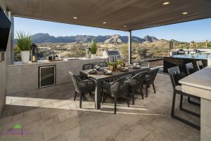 Creative Environments design and landscape at Sereno Canyon Mayne Model showing a covered patio with a dining area