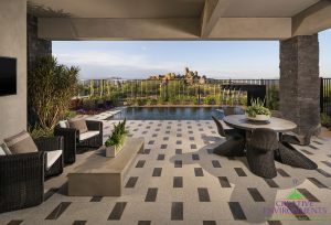 Creative Environments design and landscape at Sereno Canyon Enclave Model showing custom landscape with covered patio and swimming pool