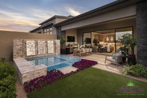 Creative Environments design and landscape at Sereno Canyon Enclave Model showing backyard glass swimming pool and patio