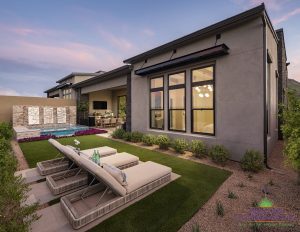 Creative Environments design and landscape at Sereno Canyon Enclave Model showing backyard lounge area near custom pool