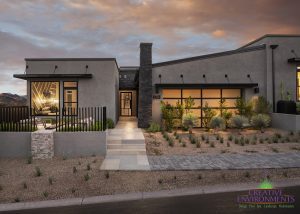Creative Environments design and landscape at Sereno Canyon Enclave Model showing front yard with custom desert landscaping
