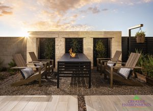 Creative Environments design and landscape Flora at Morrison Ranch home showing custom backyard with firepit and seating near hardscape