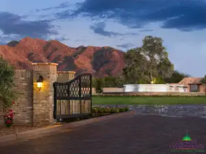 Custom community entrance with large water fountain, metal entry gate and roundabout driveway.