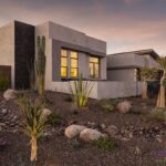 Custom front yard design with desert plants and up lighting.