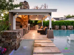 Backyard design with Jesus steps and recessed lighting.