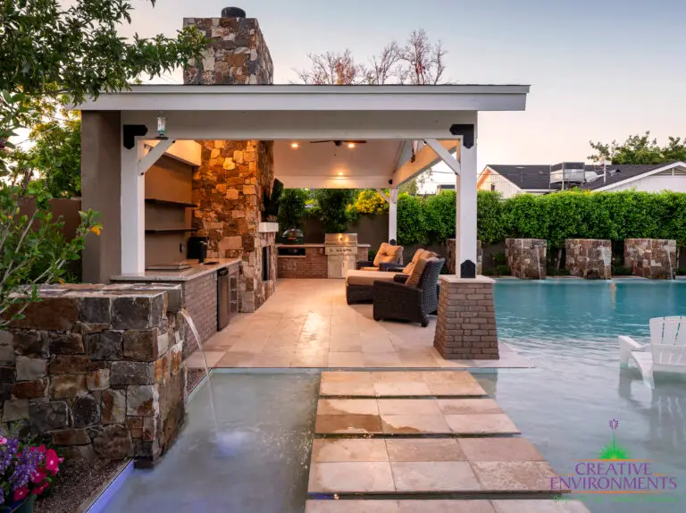 Backyard design with Jesus steps and recessed lighting.