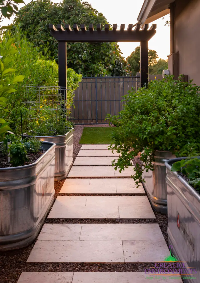Backyard design with galvanized metal planters
