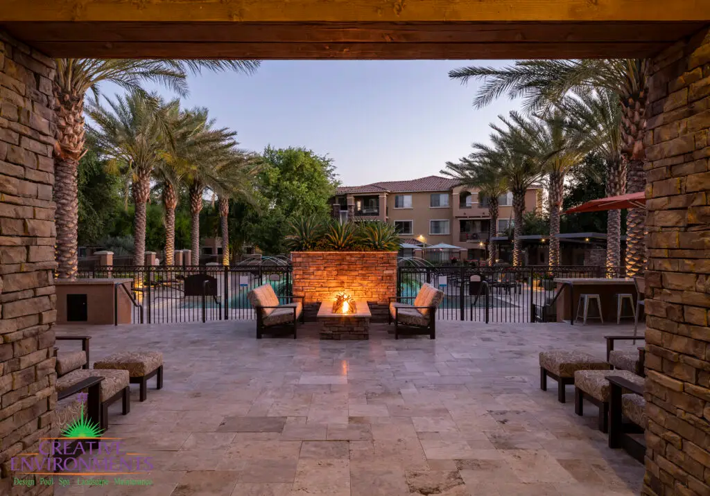 Custom community amenities with custom fire pit, metal pool fencing and multiple outdoor seating areas.