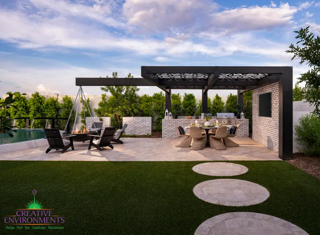 Backyard design with cantilevered fire pit, pergola and circular steps.