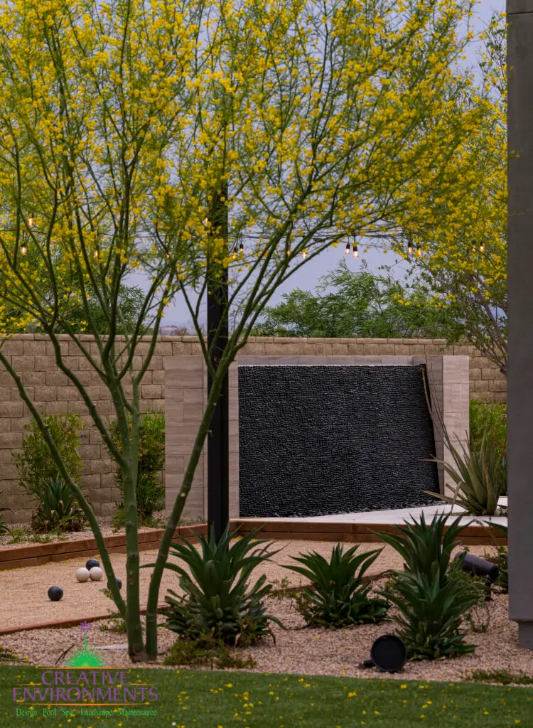 Custom backyard design with textured water wall, bocce ball court and organized planting.