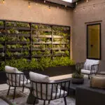 Custom open-sky courtyard design with string lights, succulent living wall and outdoor seating area.