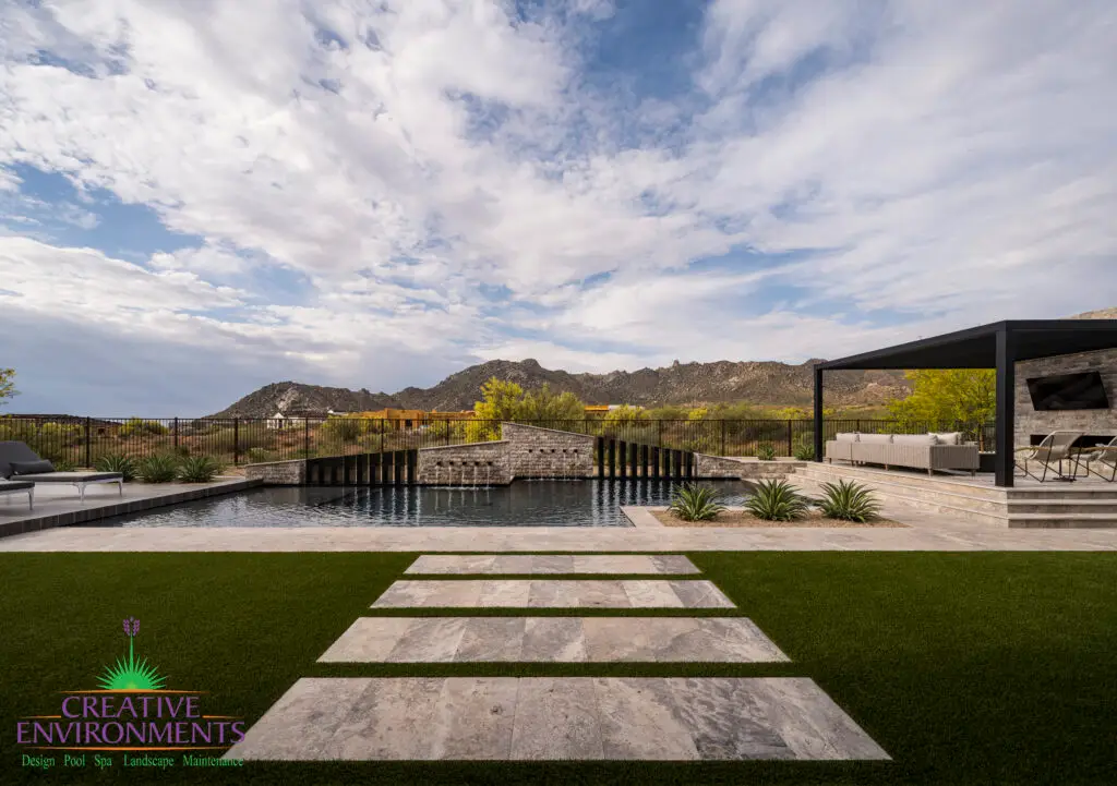 Custom backyard design with steps, raised outdoor seating area and multiple outdoor seating areas.