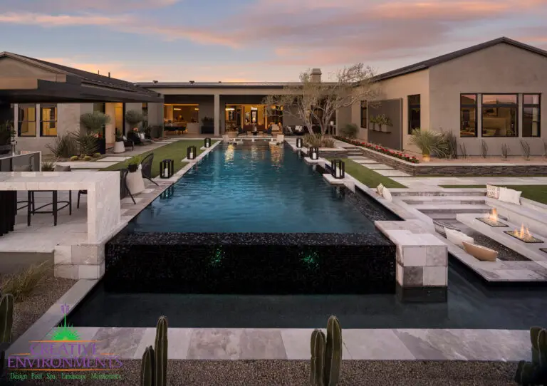 Backyard design with cacti and pool.