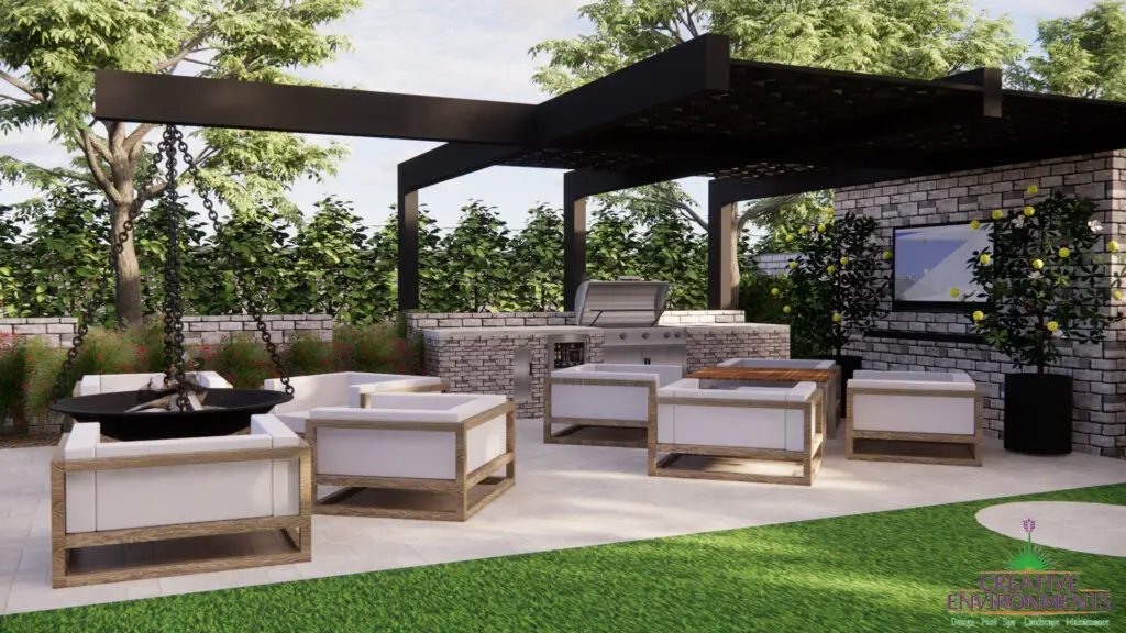 Custom backyard design with cantilevered shade structure, cantilevered wok fire pit and outdoor BBQ.