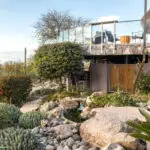 Backyard design with cacti, river rock and small pool of water.