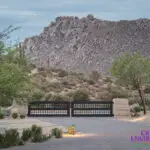 Custom front metal entry gate with desert plants, brick roundabout driveway and up lighting.