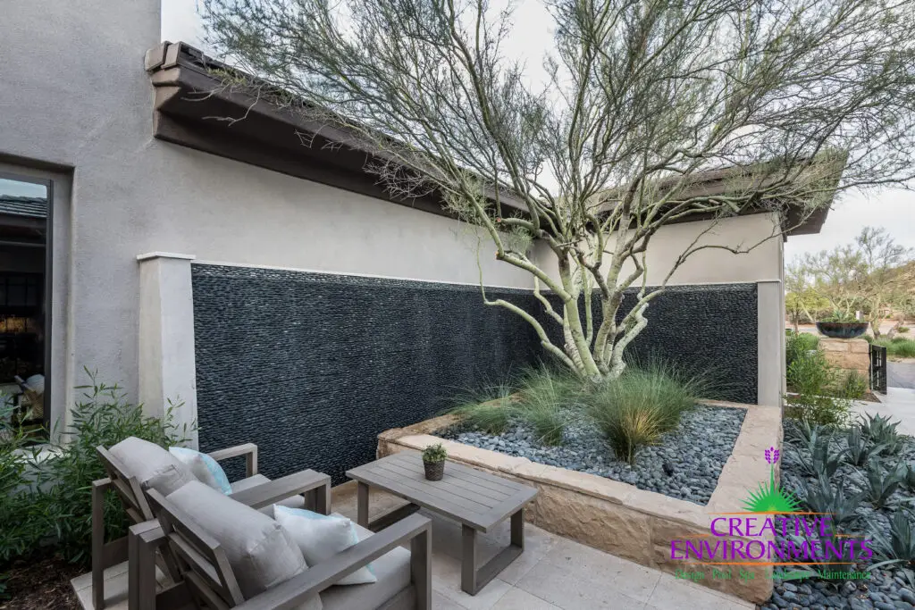 Custom front yard design with large, black water wall, large tree and desert plants.