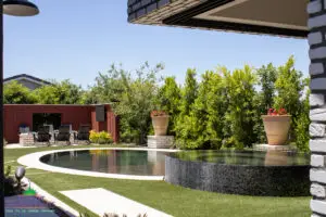 Custom backyard design with circular raised spa, circular pool and privacy hedges.