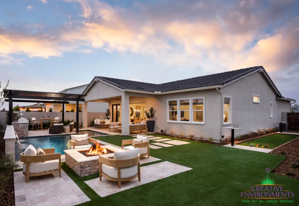 Backyard design with bocce ball court and pool