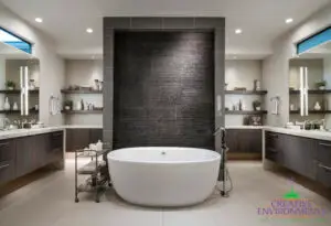 Custom textured, black water wall with water wall lighting.