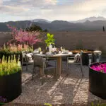 Custom backyard design with circular planters, outdoor dining area and annuals.