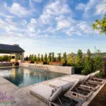 Custom backyard design with privacy hedges, metal scupper water feature into pool and multiple seating areas.