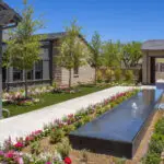 Custom backyard design with organized planting, black water feature and planters.