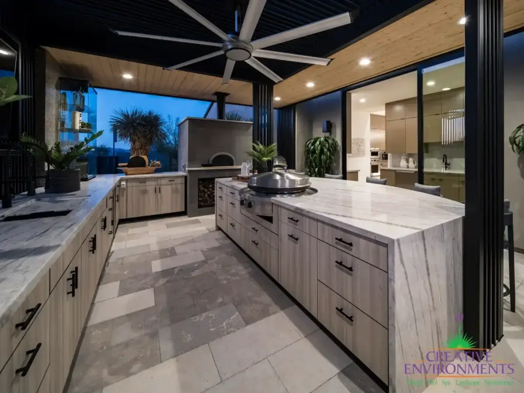 Outdoor kitchen with storage and multiple cooking areas
