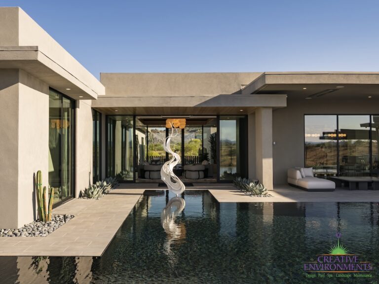 Custom backyard design with metal statement piece, zero-edge pool and desert plants.
