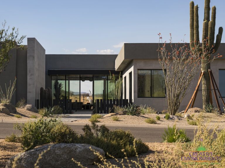 Custom front yard design with metal statement piece, Saguaro and desert plants.