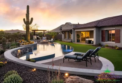 Custom backyard design with curved pool, rock retention wall and multiple seating areas.