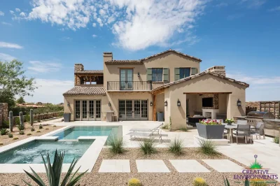 Custom backyard design with organized planting, natural stone accents and multiple seating areas.