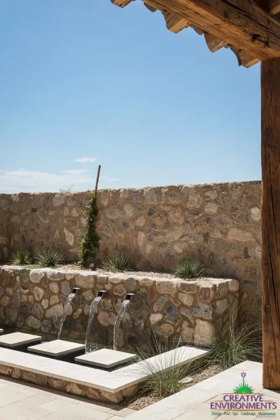 Custom backyard design with natural stone accents, Jesus steps and metal scupper water feature.