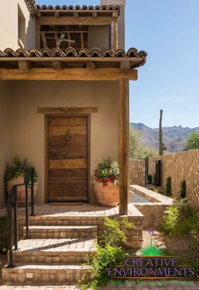 Custom front yard design with large flower plantes and brick steps.