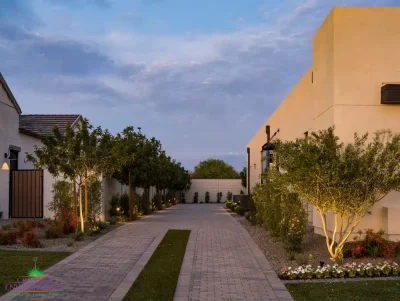 Custom side yard design with brick pavers, organized planting and up lighting.