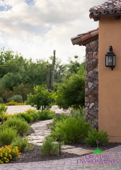 Front yard design with plants and cactus.