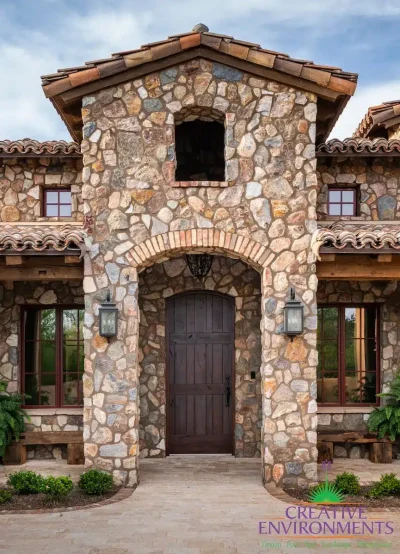 Front yard design with small plants and unique entryway.