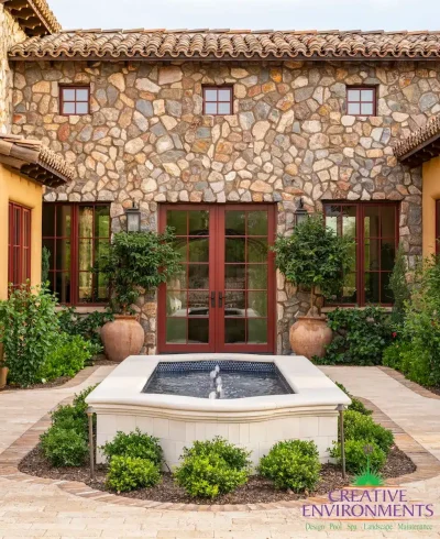 Backyard design with unique water fountain and planting.