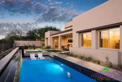 Custom backyard design with blue pool with baja step and black water wall.