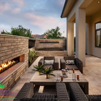 Custom backyard design with brick fireplace, beer tap water feature and outdoor seating areas.