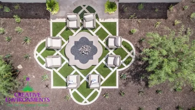 Custom backyard design with artificial turf pattern, unique-shaped fire pit and outdoor seating area.