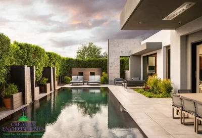 Custom backyard design with multiple seating areas, water columns and black pool.
