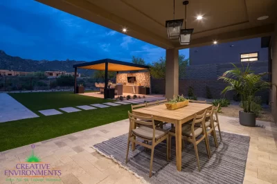 Custom backyard design with outdoor dining area, shade structure and artificial turf.