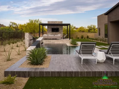 Custom backyard landscape design with organized planting, slatted shade structure and pool.